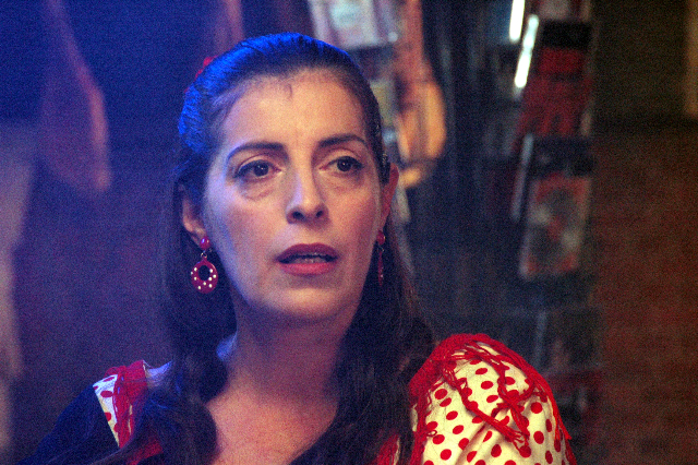 Une femme vêtue d'un costume traditionnel flamenco regarde au loin