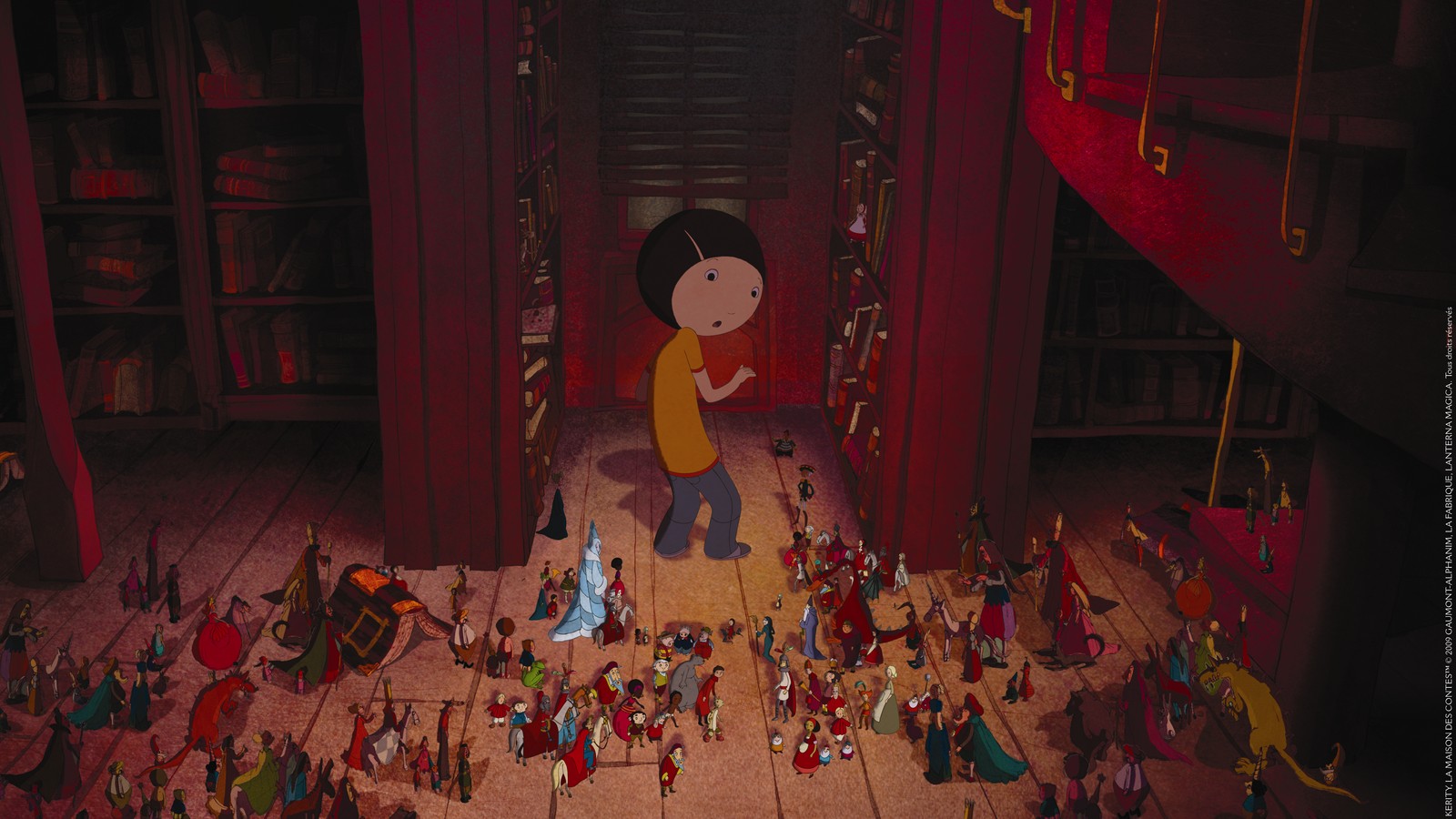 Personnage principal du film dans une bibliothèque, entouré de petits personnages s'échappant des livres
